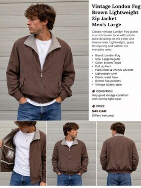 Vintage London Fog Brown Lightweight Zip Jacket Plaid Collar Men’s Large